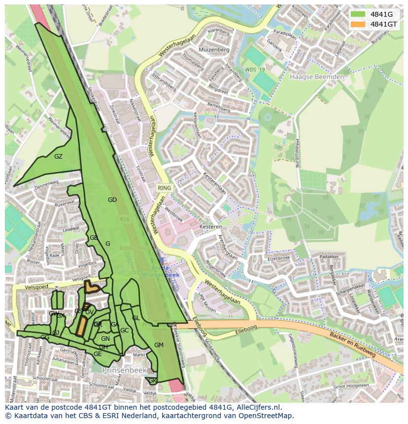 Afbeelding van het postcodegebied 4841 GT op de kaart.
