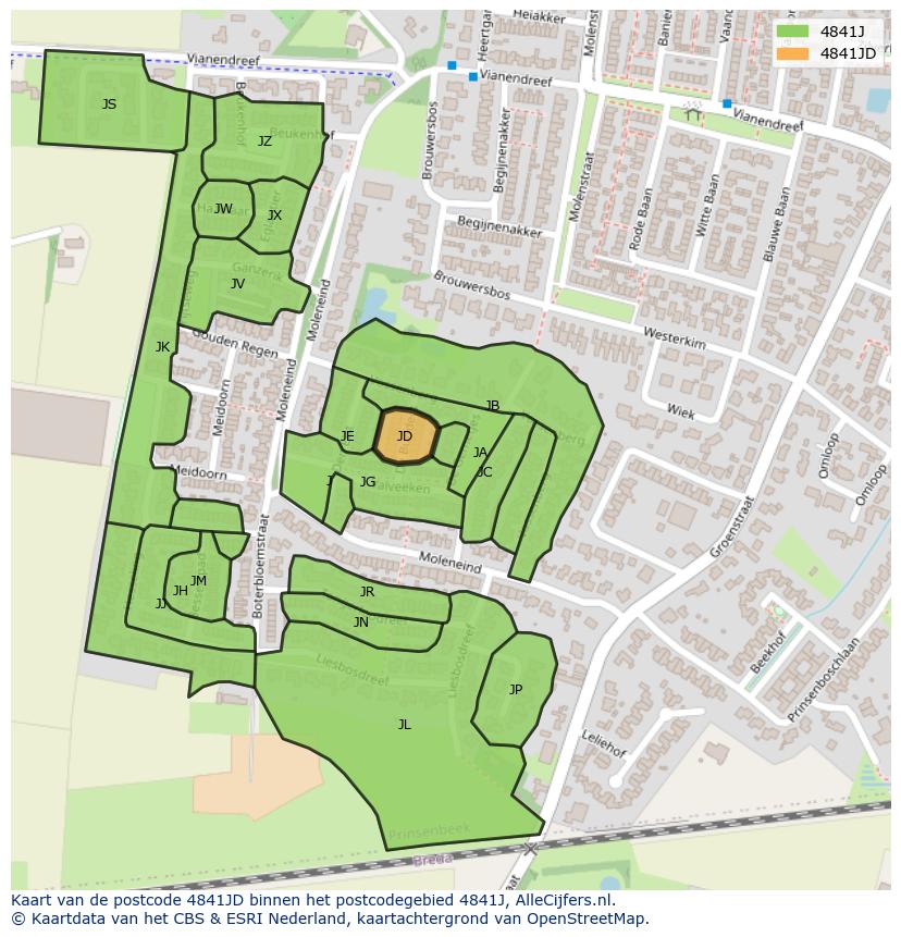 Afbeelding van het postcodegebied 4841 JD op de kaart.