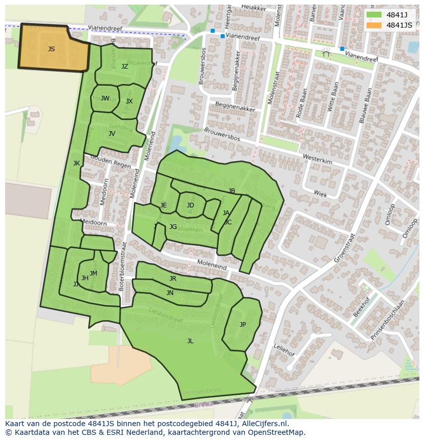 Afbeelding van het postcodegebied 4841 JS op de kaart.