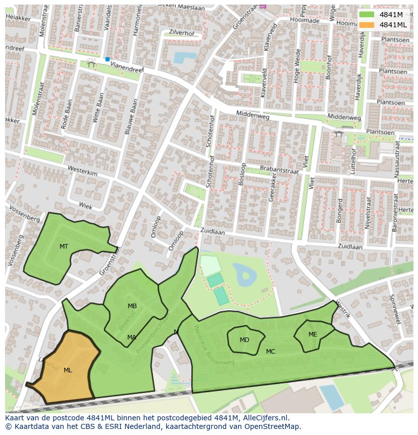 Afbeelding van het postcodegebied 4841 ML op de kaart.