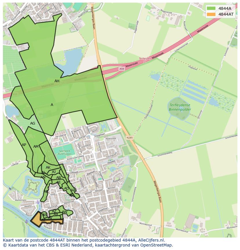 Afbeelding van het postcodegebied 4844 AT op de kaart.
