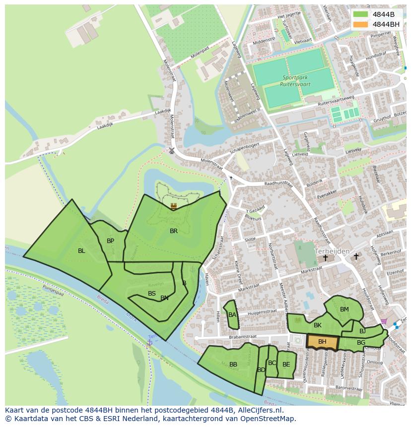 Afbeelding van het postcodegebied 4844 BH op de kaart.