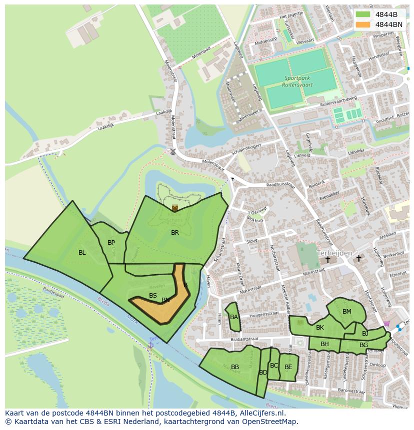 Afbeelding van het postcodegebied 4844 BN op de kaart.