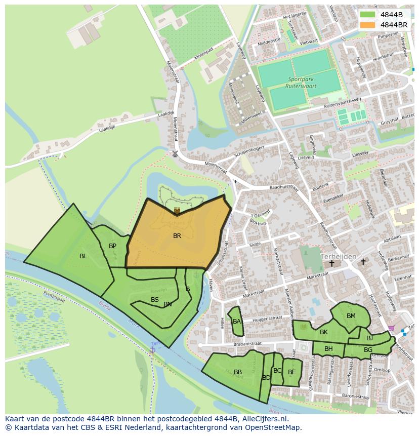 Afbeelding van het postcodegebied 4844 BR op de kaart.