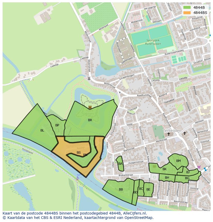 Afbeelding van het postcodegebied 4844 BS op de kaart.