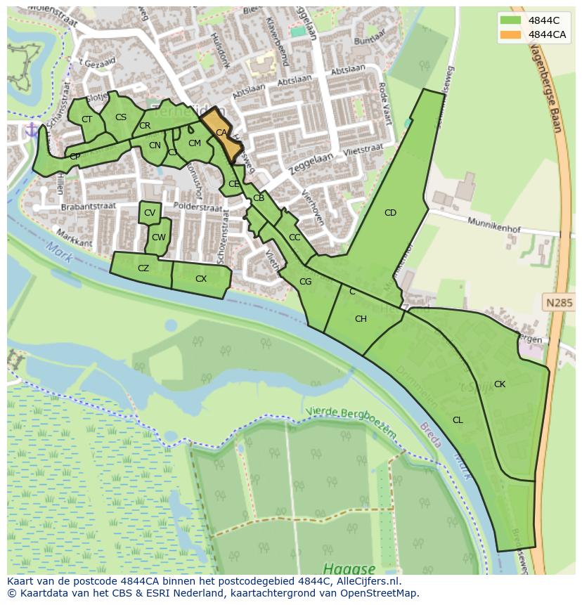 Afbeelding van het postcodegebied 4844 CA op de kaart.