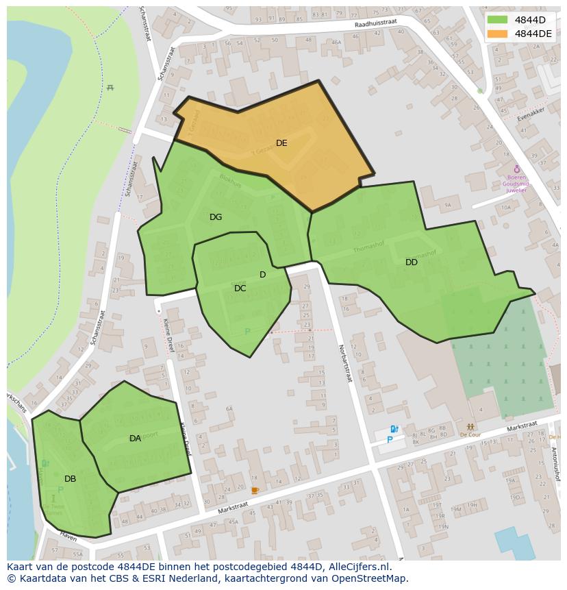 Afbeelding van het postcodegebied 4844 DE op de kaart.