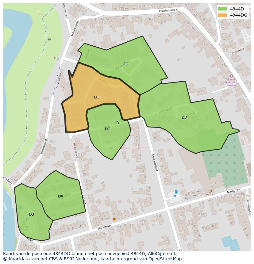 Afbeelding van het postcodegebied 4844 DG op de kaart.