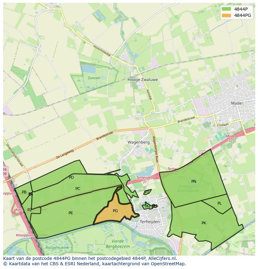 Afbeelding van het postcodegebied 4844 PG op de kaart.