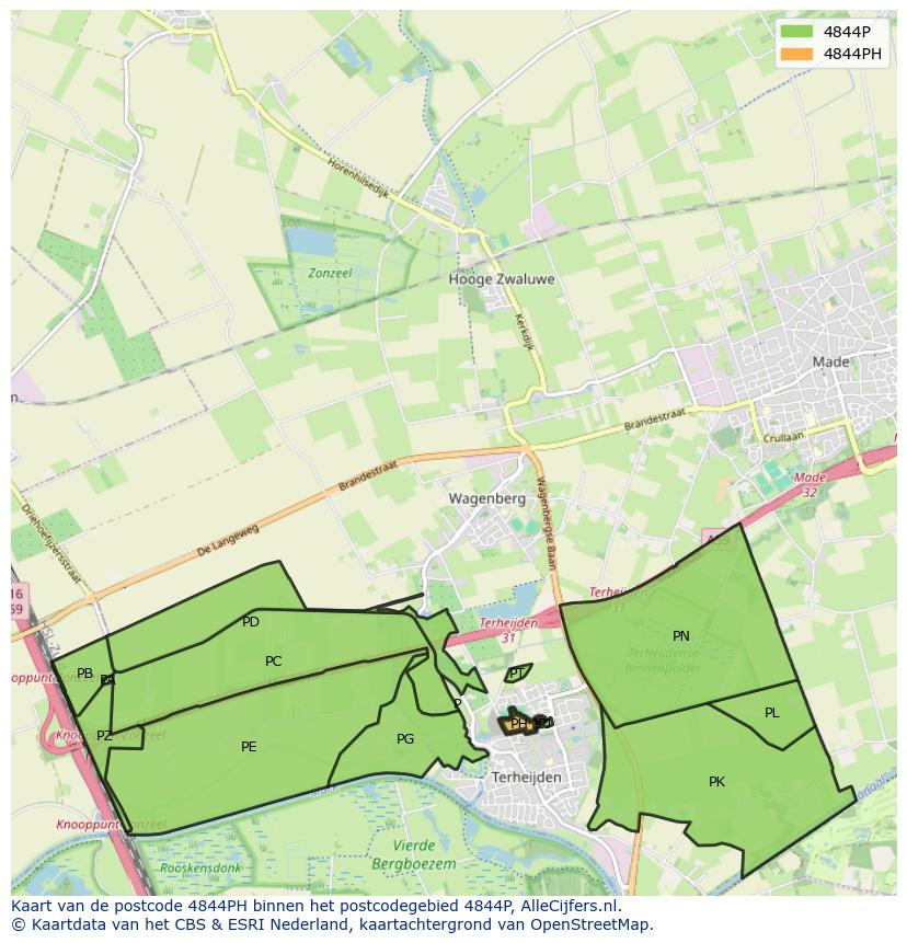 Afbeelding van het postcodegebied 4844 PH op de kaart.