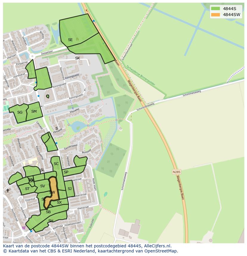Afbeelding van het postcodegebied 4844 SW op de kaart.