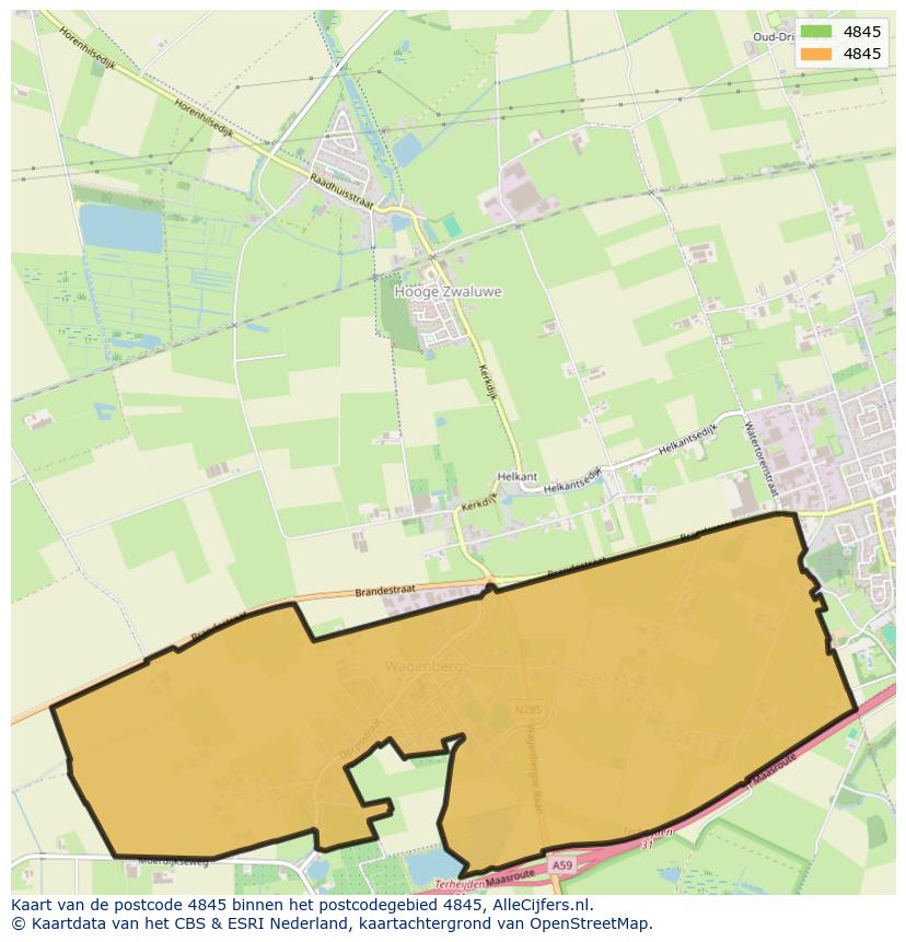 Afbeelding van het postcodegebied 4845 op de kaart.