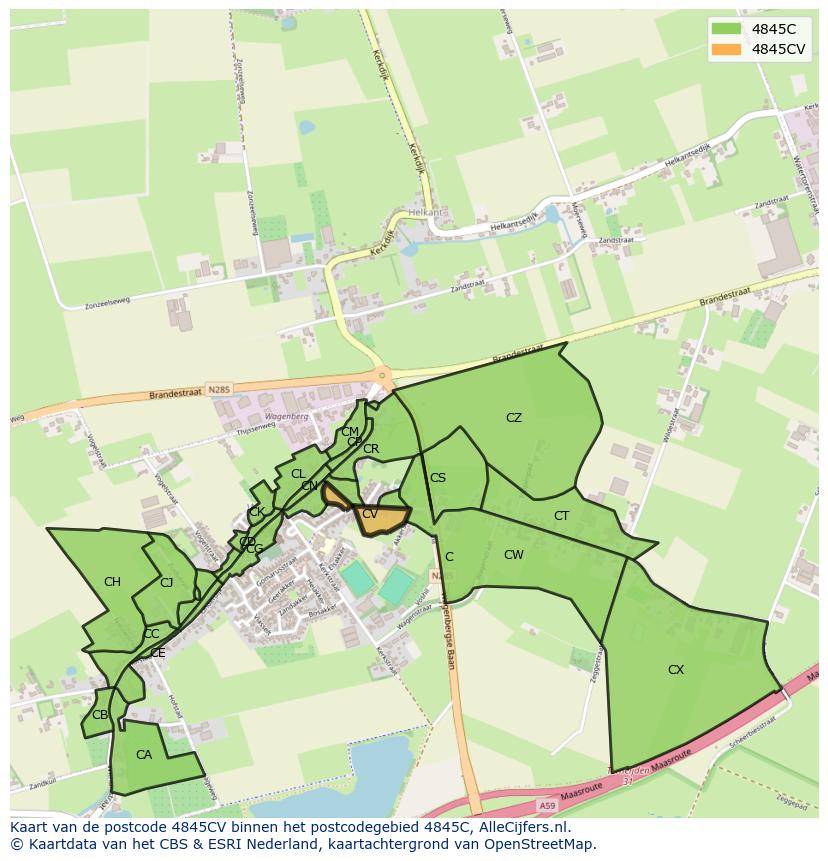 Afbeelding van het postcodegebied 4845 CV op de kaart.