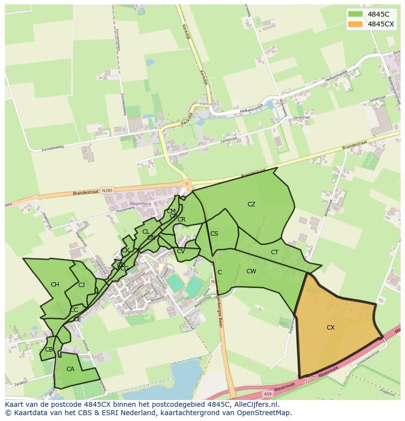 Afbeelding van het postcodegebied 4845 CX op de kaart.