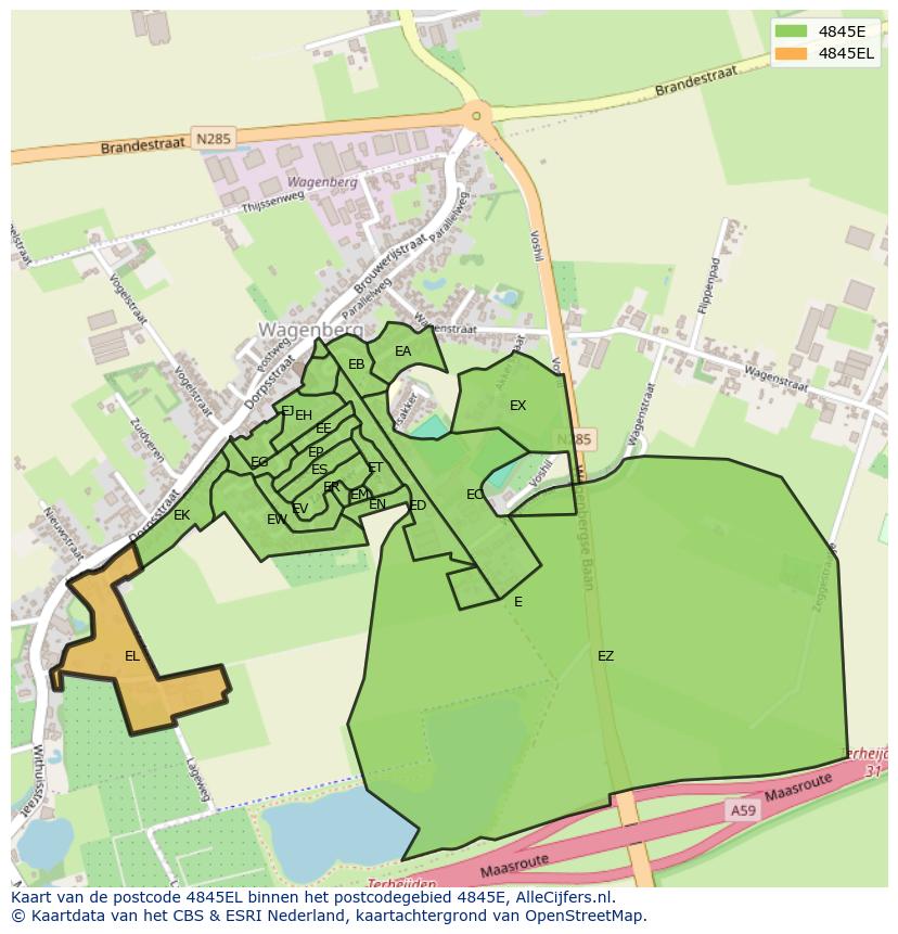 Afbeelding van het postcodegebied 4845 EL op de kaart.