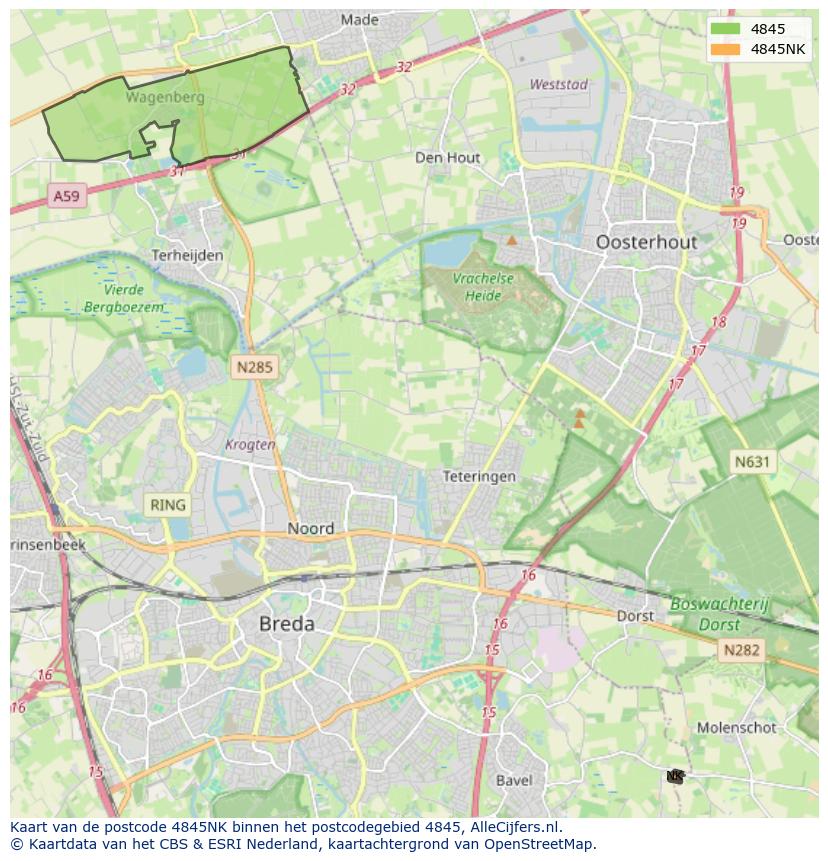 Afbeelding van het postcodegebied 4845 NK op de kaart.