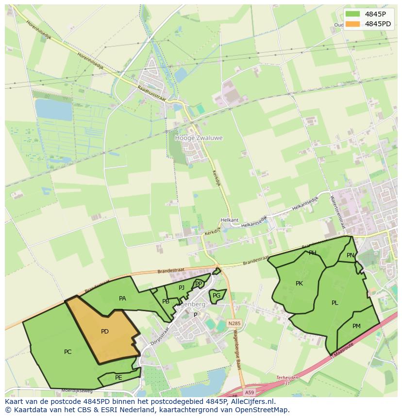 Afbeelding van het postcodegebied 4845 PD op de kaart.