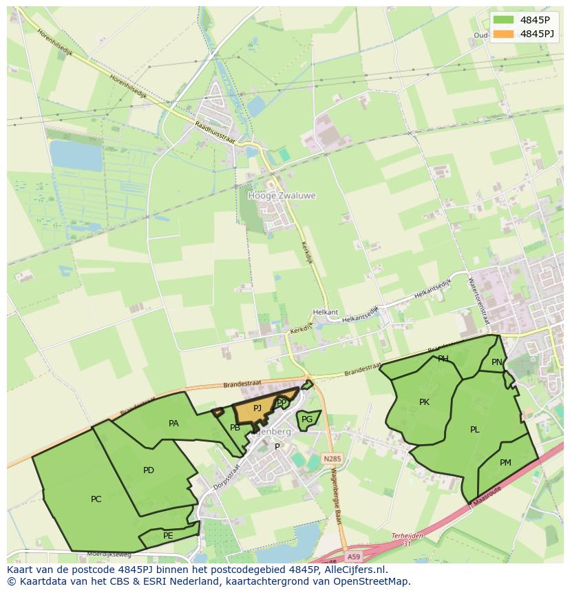 Afbeelding van het postcodegebied 4845 PJ op de kaart.
