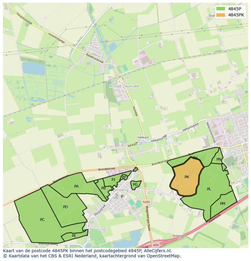 Afbeelding van het postcodegebied 4845 PK op de kaart.