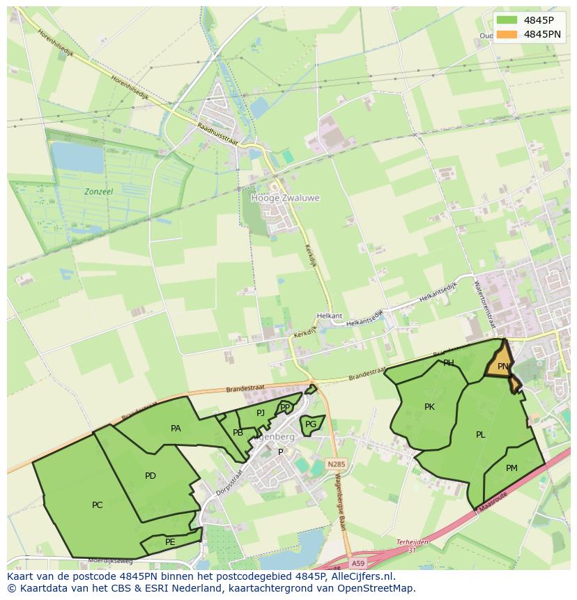 Afbeelding van het postcodegebied 4845 PN op de kaart.