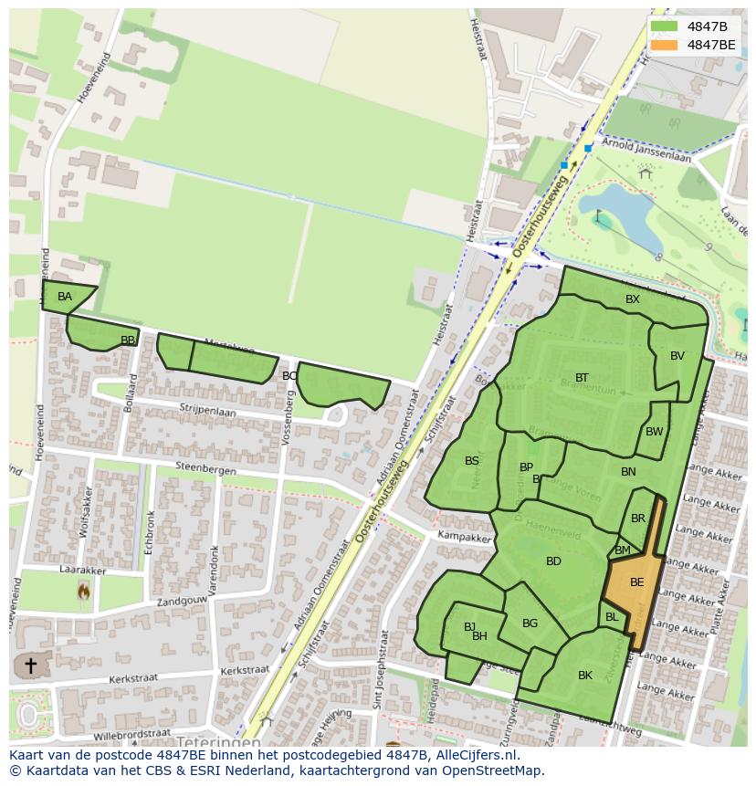 Afbeelding van het postcodegebied 4847 BE op de kaart.