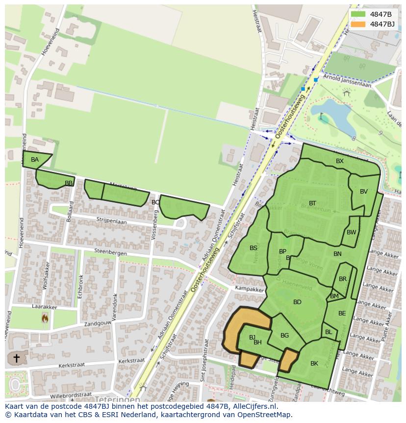 Afbeelding van het postcodegebied 4847 BJ op de kaart.
