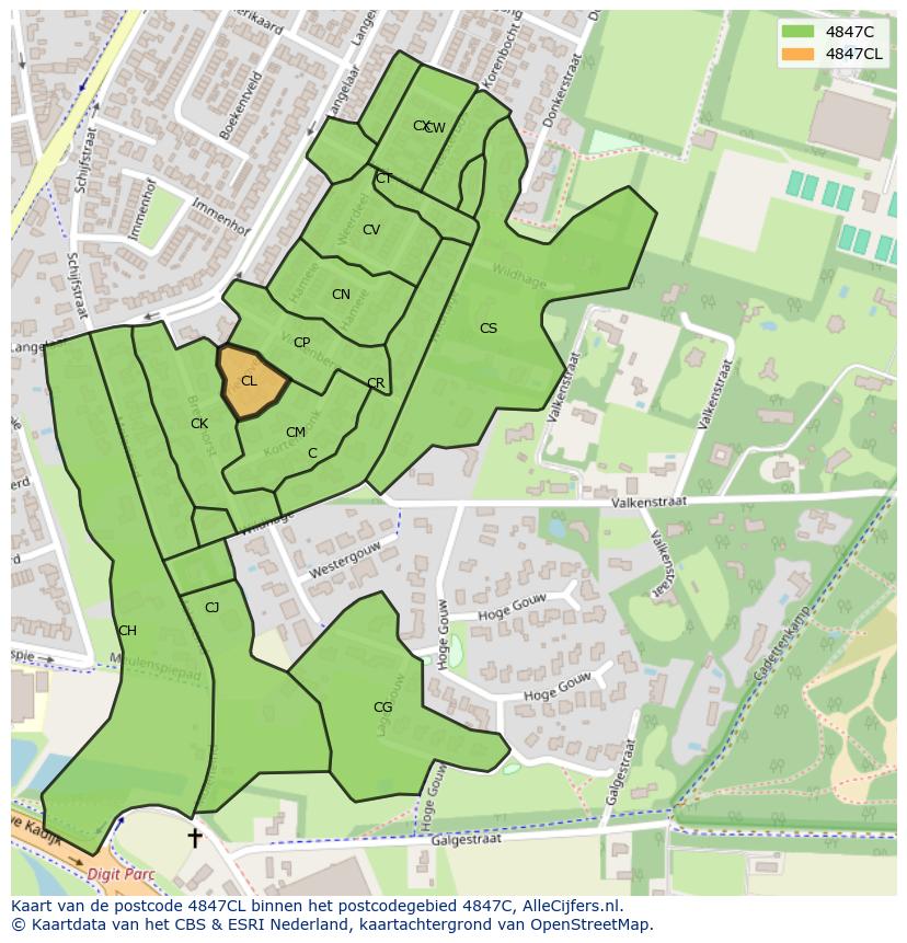 Afbeelding van het postcodegebied 4847 CL op de kaart.
