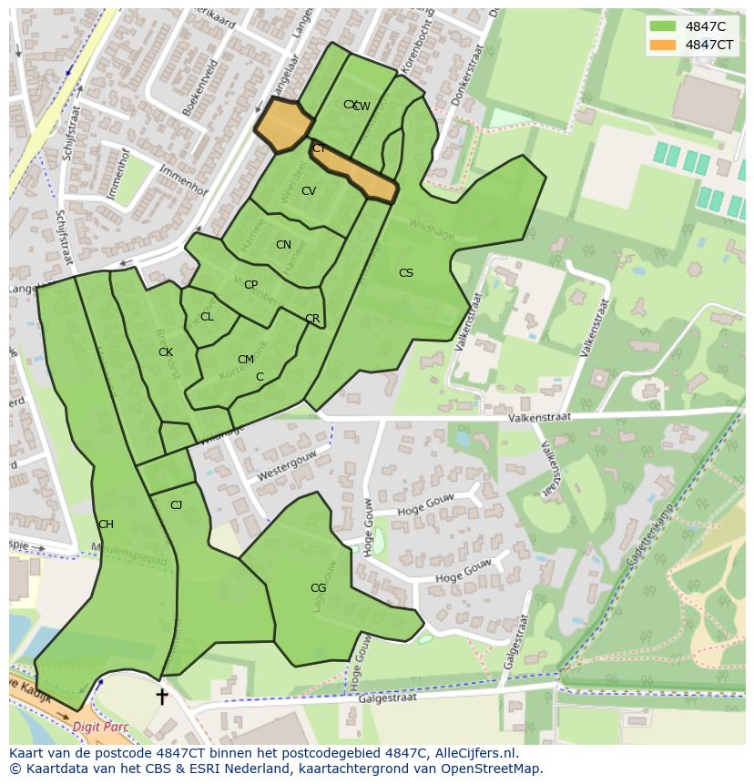 Afbeelding van het postcodegebied 4847 CT op de kaart.