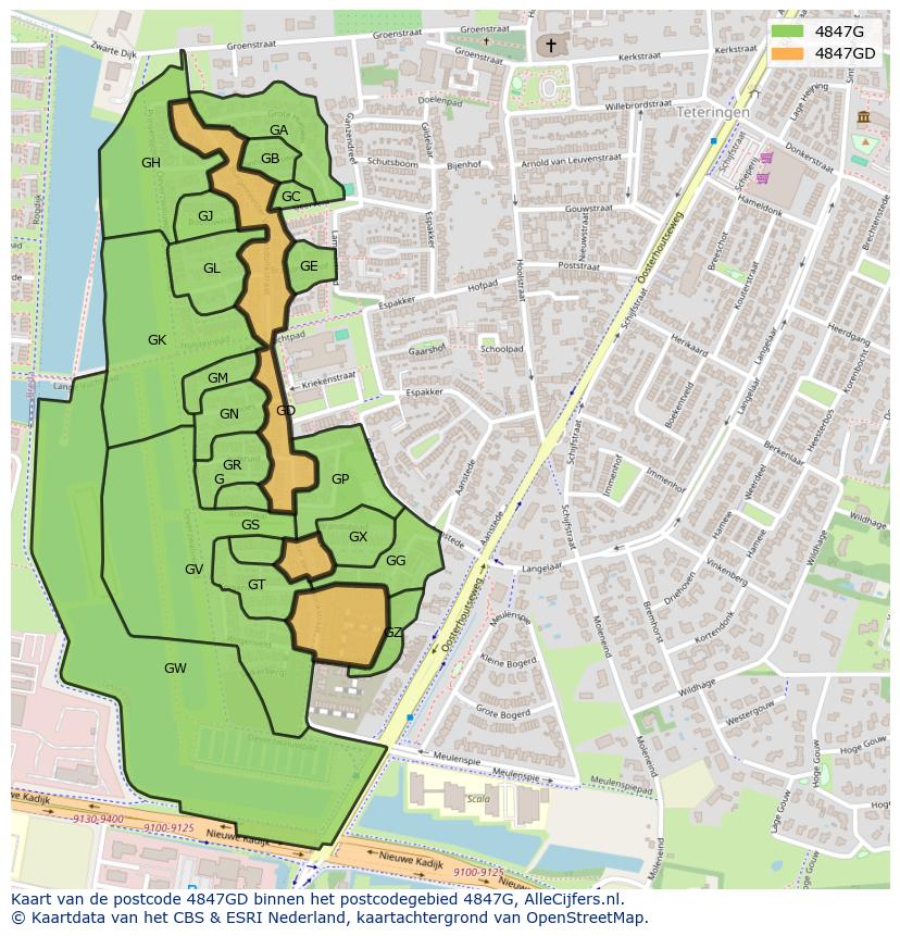 Afbeelding van het postcodegebied 4847 GD op de kaart.
