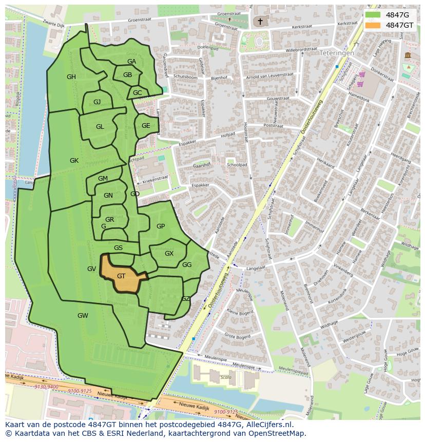Afbeelding van het postcodegebied 4847 GT op de kaart.
