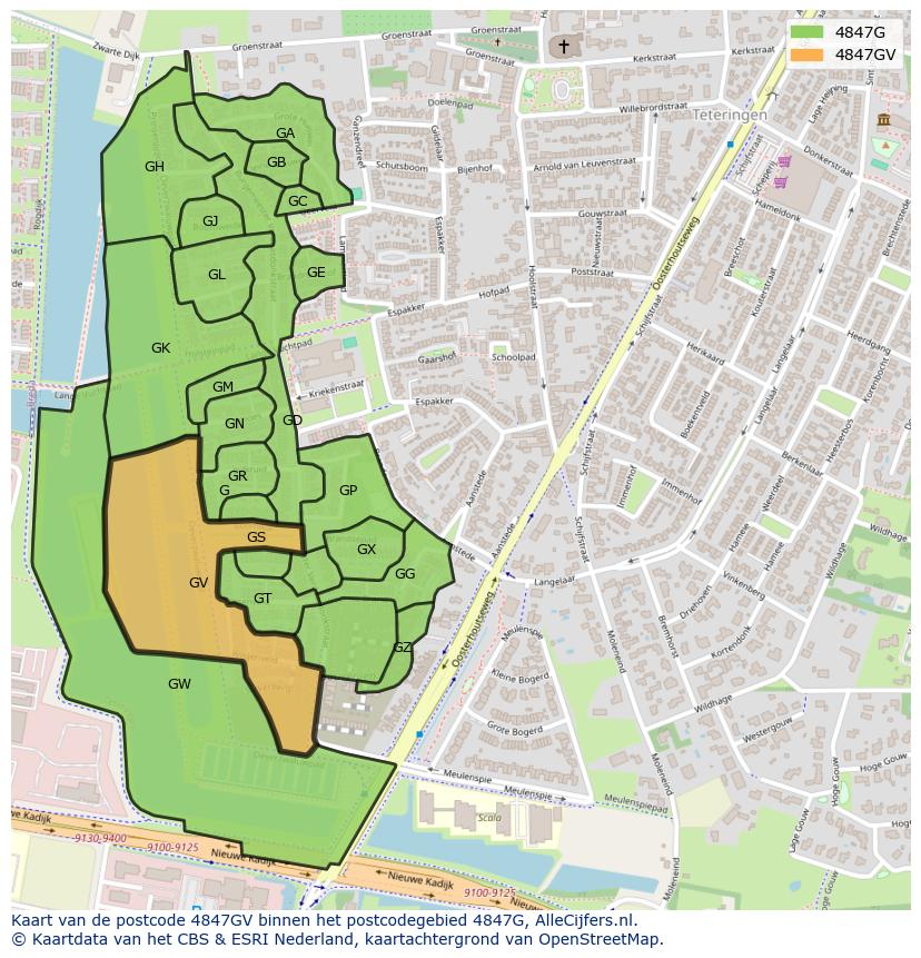 Afbeelding van het postcodegebied 4847 GV op de kaart.