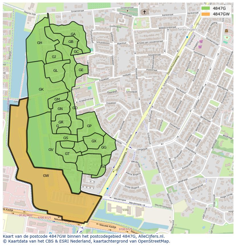 Afbeelding van het postcodegebied 4847 GW op de kaart.