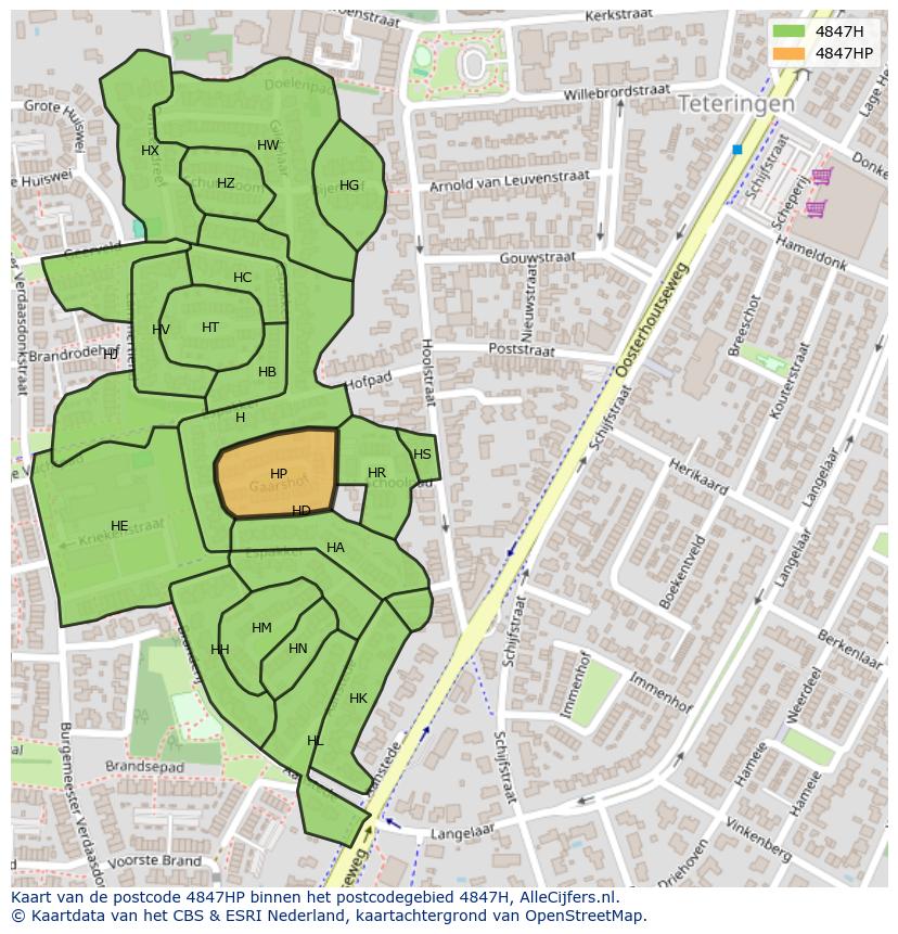 Afbeelding van het postcodegebied 4847 HP op de kaart.