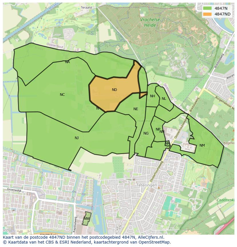 Afbeelding van het postcodegebied 4847 ND op de kaart.