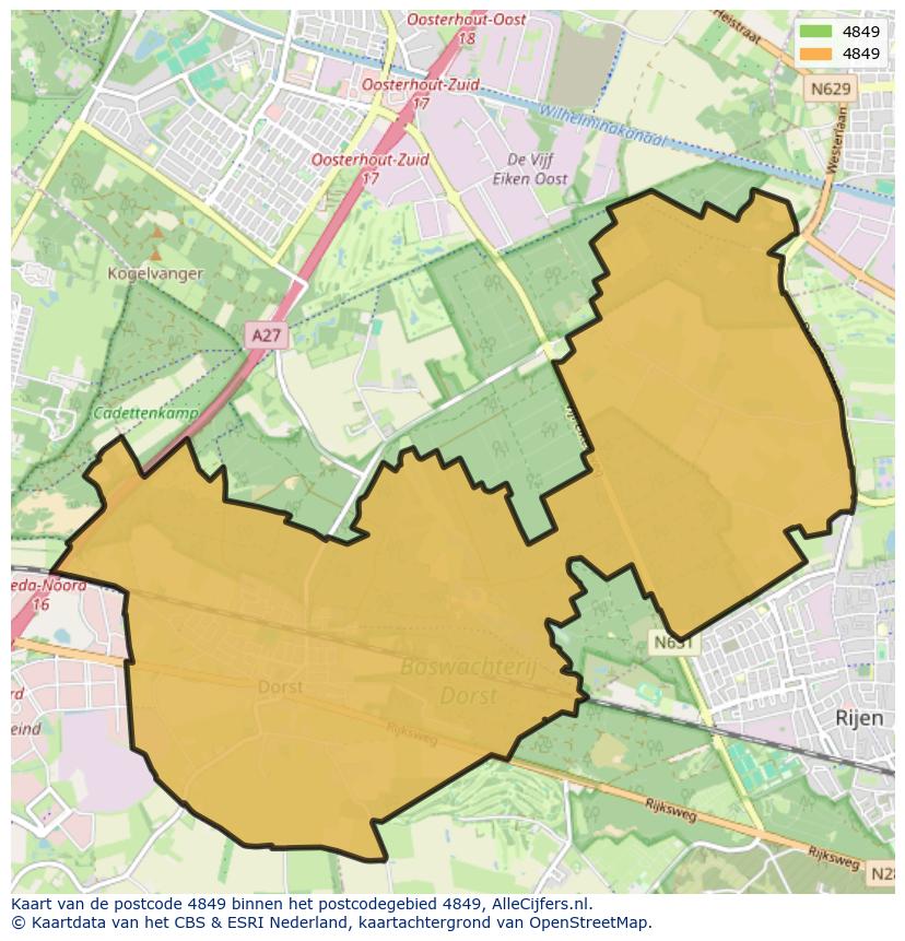 Afbeelding van het postcodegebied 4849 op de kaart.