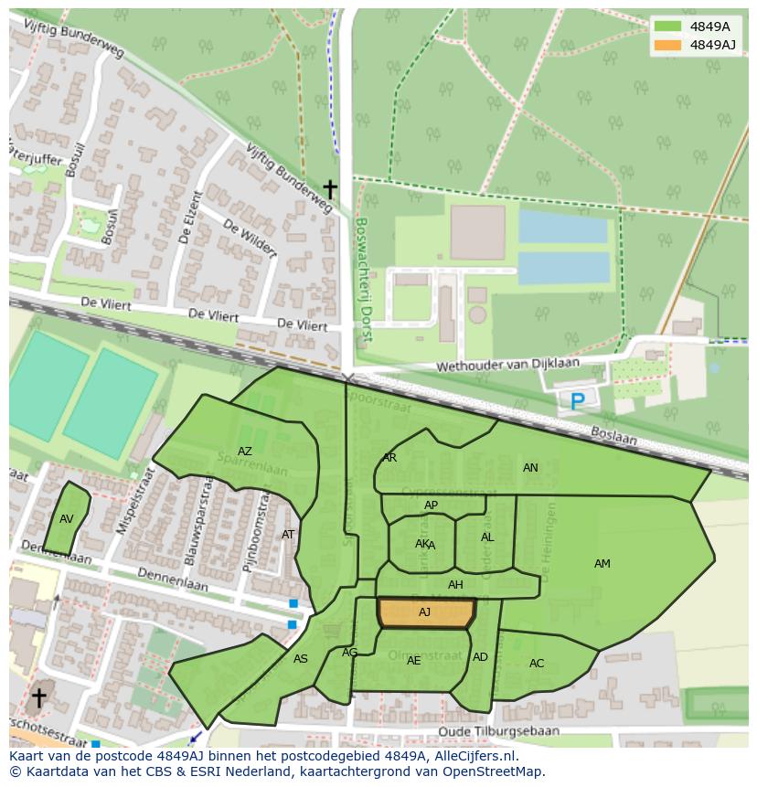 Afbeelding van het postcodegebied 4849 AJ op de kaart.