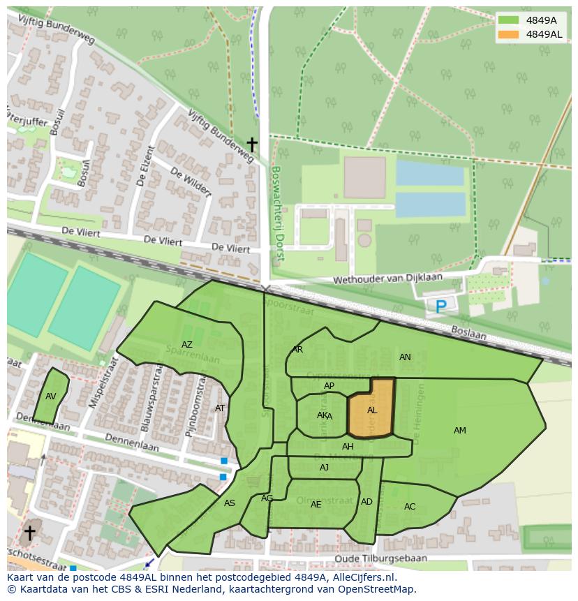 Afbeelding van het postcodegebied 4849 AL op de kaart.