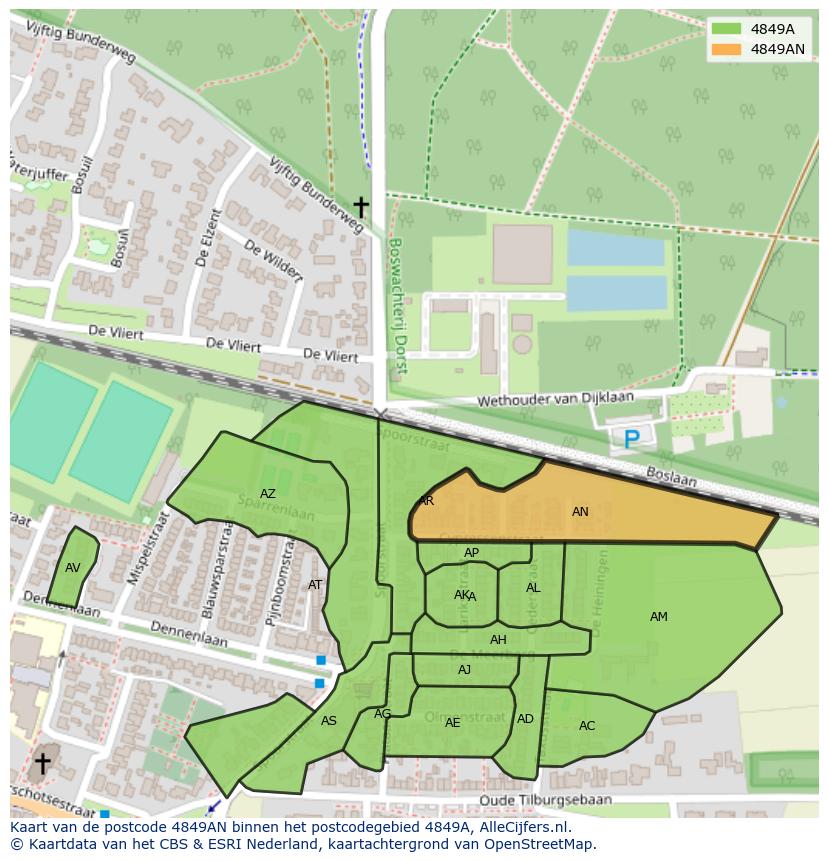 Afbeelding van het postcodegebied 4849 AN op de kaart.