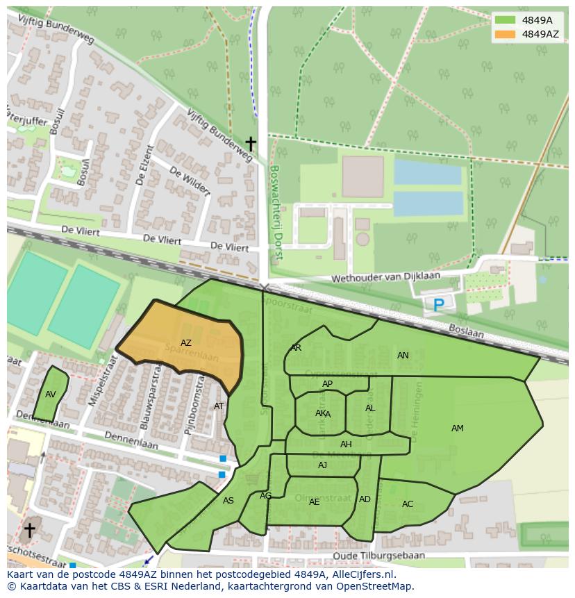 Afbeelding van het postcodegebied 4849 AZ op de kaart.