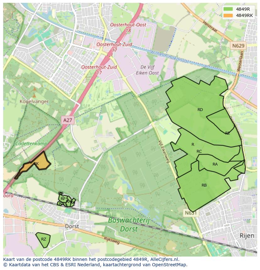 Afbeelding van het postcodegebied 4849 RK op de kaart.