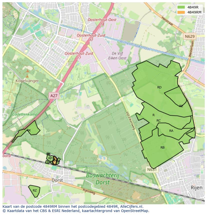 Afbeelding van het postcodegebied 4849 RM op de kaart.