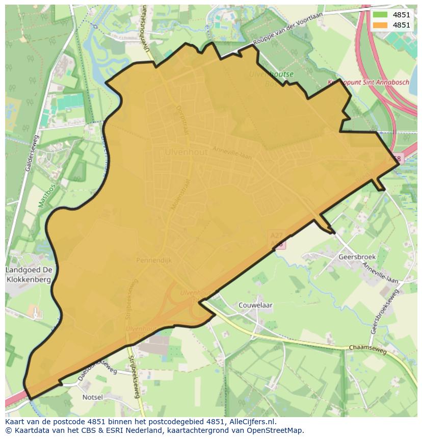 Afbeelding van het postcodegebied 4851 op de kaart.