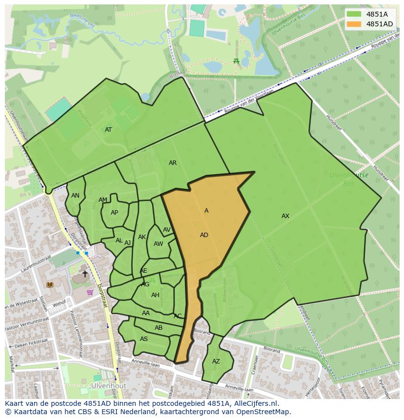 Afbeelding van het postcodegebied 4851 AD op de kaart.