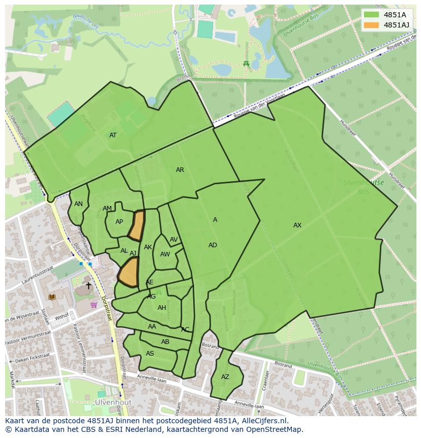 Afbeelding van het postcodegebied 4851 AJ op de kaart.