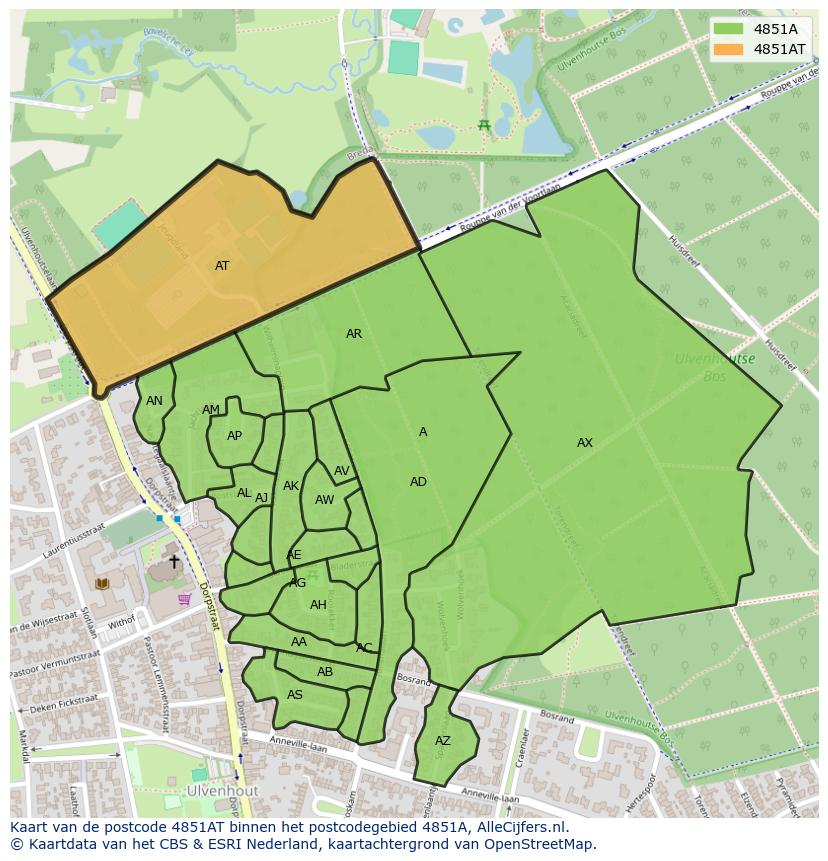 Afbeelding van het postcodegebied 4851 AT op de kaart.