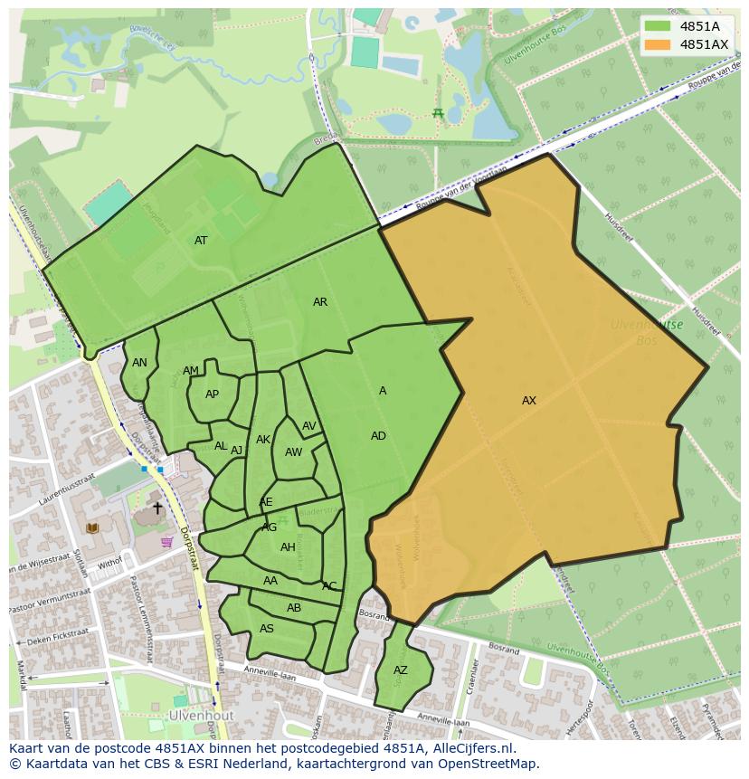 Afbeelding van het postcodegebied 4851 AX op de kaart.