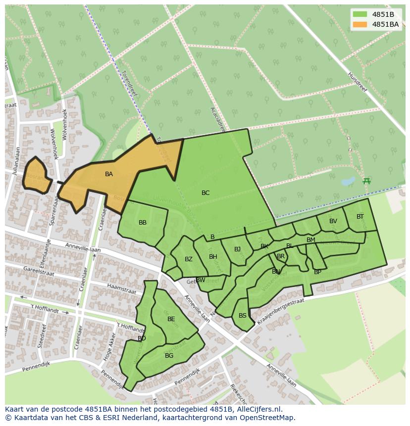 Afbeelding van het postcodegebied 4851 BA op de kaart.