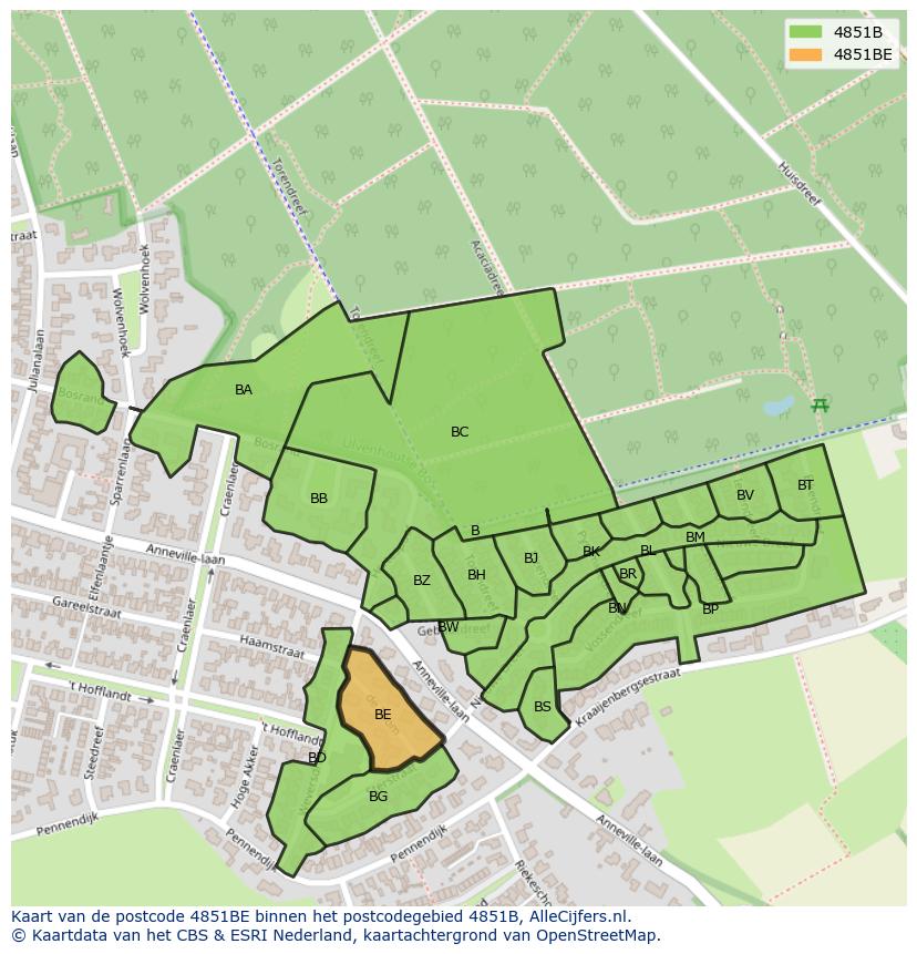Afbeelding van het postcodegebied 4851 BE op de kaart.