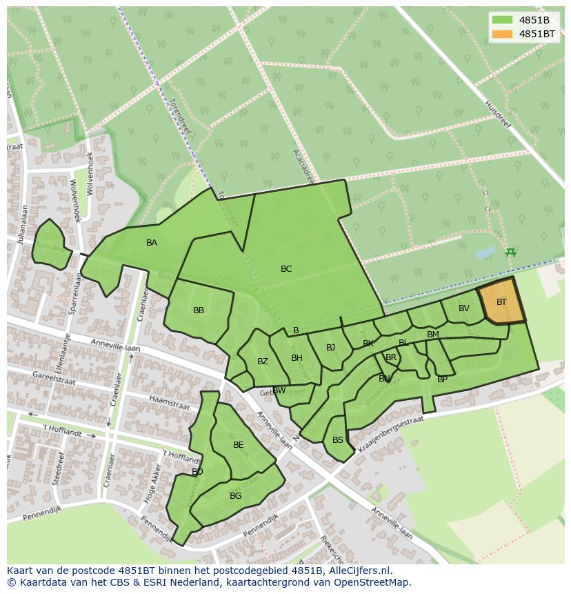 Afbeelding van het postcodegebied 4851 BT op de kaart.