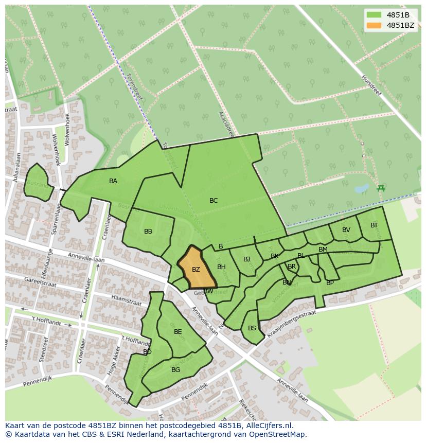 Afbeelding van het postcodegebied 4851 BZ op de kaart.